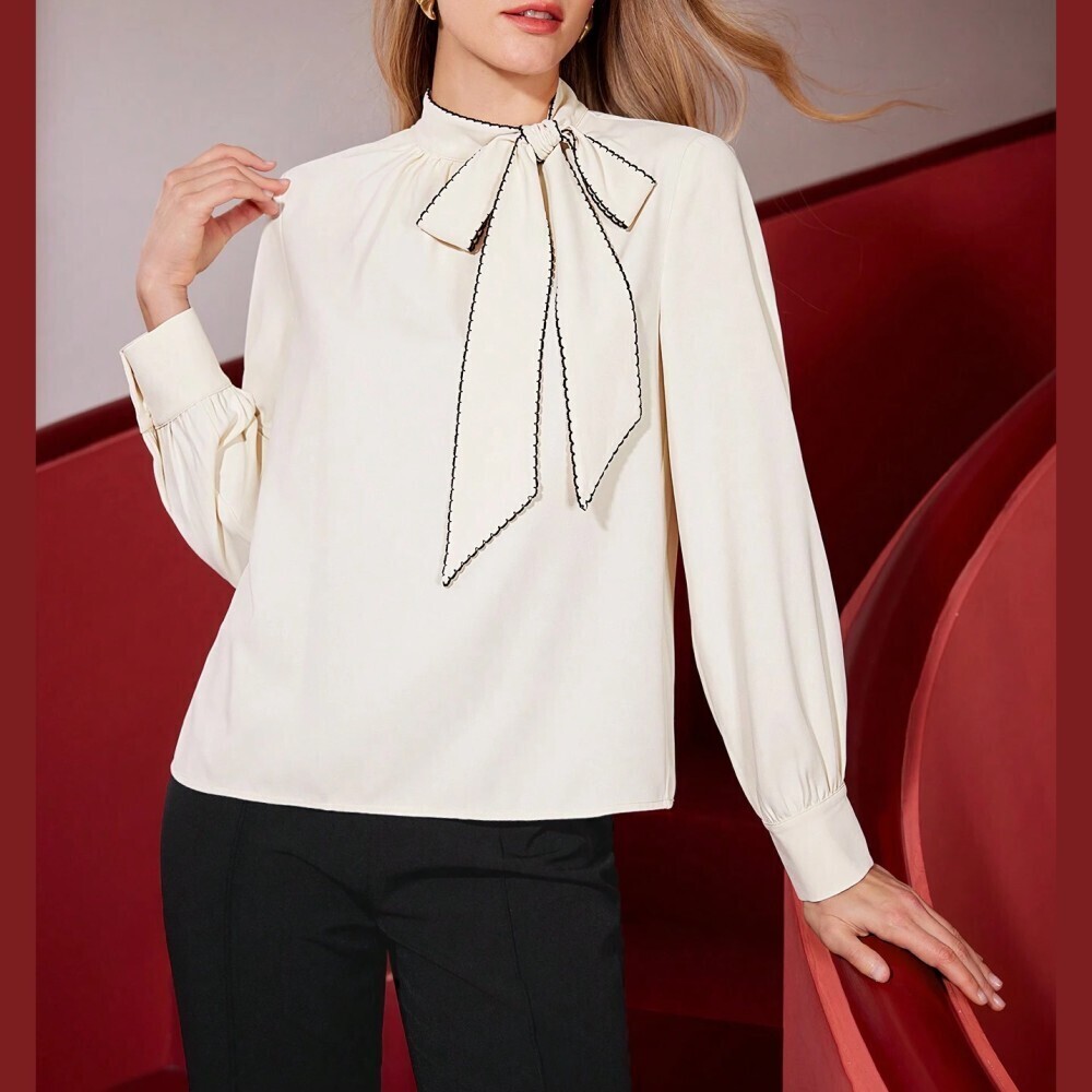 Ivory Tie Neck Blouse With Contrast Stitch Trim
